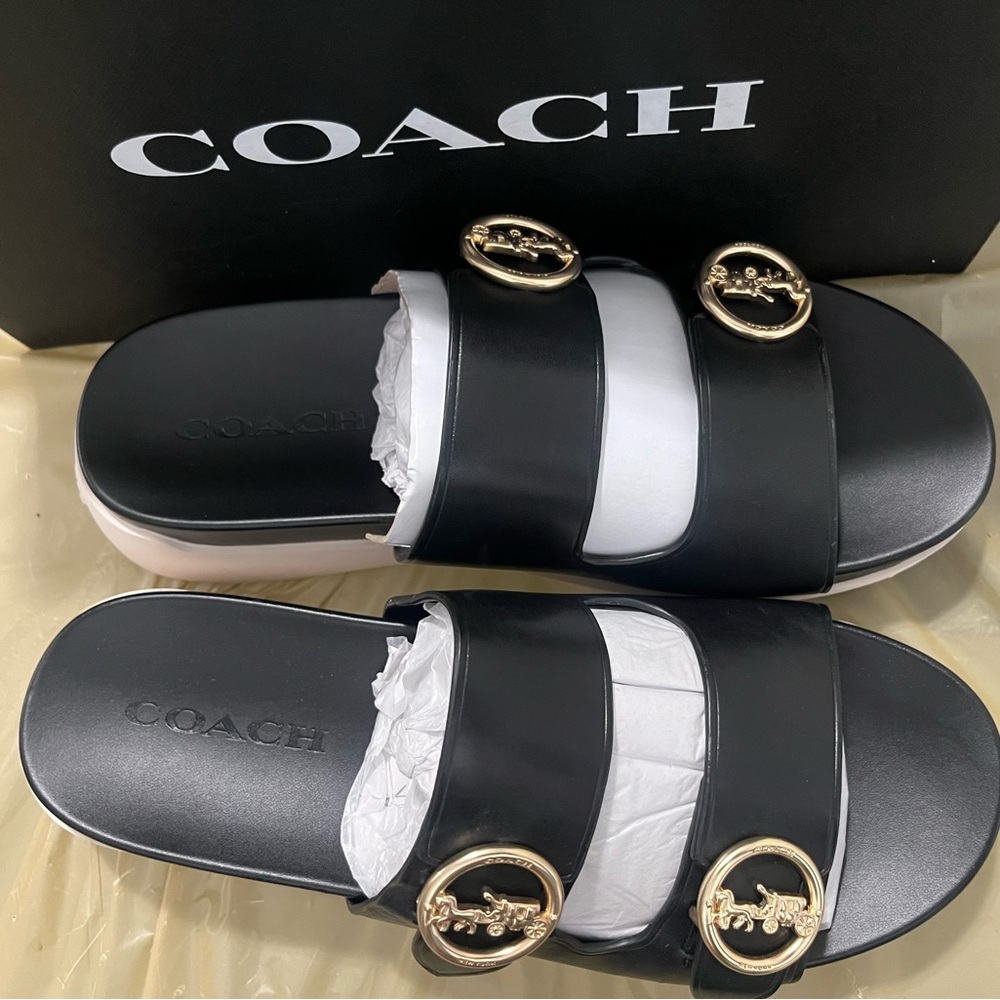 Coach Black Slide Sandals with Gold Accents